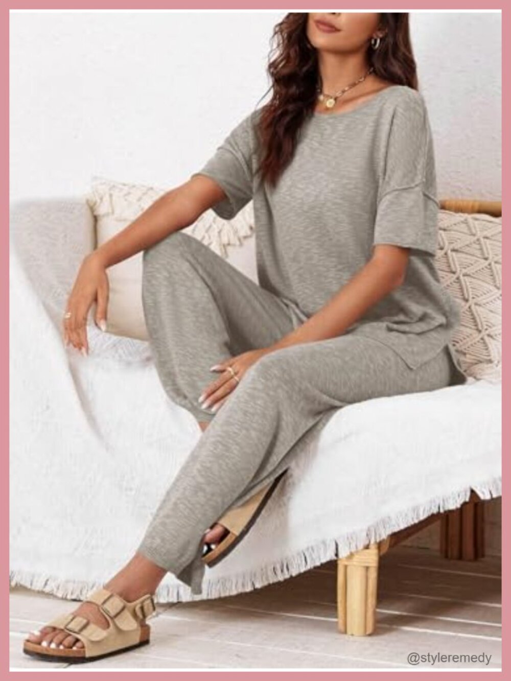 2 Piece Lounge Set Knit Tracksuit Wide Leg Pants Short Sleeve - Picture 3 of 6